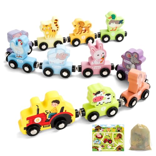 TenFans Montessori Lernspielzeug - 11-teiliger Holz-Zug mit Magneten & Tieren ab 2 Jahren (2-4 Jahre) Jungen & Mädchen | spielerisches Lernen & Feinmotorik fördern von TenFans