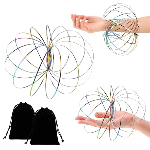 TenaLucy 2 Stück Durchflussringe Spielzeug,Magic Flow Ringe 3D Arm Feder Magisch Durchflussring Edelstahl Multisensorisch Pädagogisch und Interaktiv Feder Spielzeug mit Schwarz Samtbeutel(Bunt) von TenaLucy