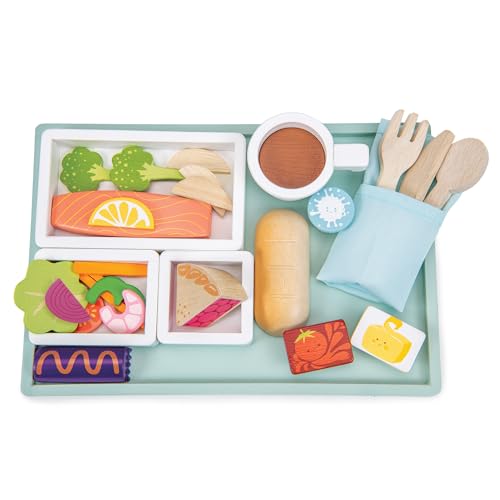 Tender Leaf Toys - Airline Meal Tray - Wood Pretend Play Food Set for Imaginary Travel - Includes 3-Gourse Plane Meal, Accessories and Passport - Encourages imaginative play, Language Skills - Age 3+ von Tender Leaf Toys