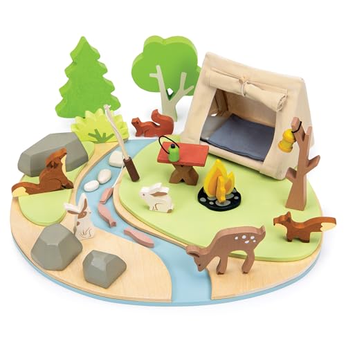 Tender Leaf Toys Camping-Set mit Wildtiermotiv - Holz Campingset mit Zelt, Lagerfeuer, Rute und Zubehör - Phantasievolles Spielset - Geschichtenerzählen und von Tender Leaf Toys