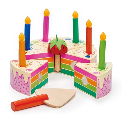 Tender Leaf Toys Geburtstagskuchen Regenbogen (Material Holz, Kinderspielzeug, mit Klettbefestigung, 6 Kuchenstücke) 7508282 von Tender Leaf Toys