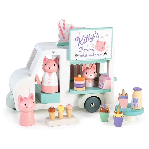Tender Leaf Toys - Kitty's Milchshake-Van – Holz-Futterwagen auf Rädern mit Katzen, Milchshakes, Eis, Donuts und Zubehör – Fördert fantasievolles Spielen und Geschichtenerzählen – ab 3 Jahren von Tender Leaf Toys