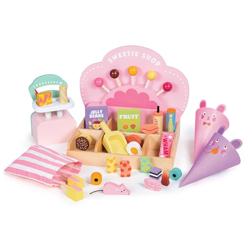 Tender Leaf Toys Sweetie Pic'n'Mix Shop Bunte Holz-Süßigkeitsset für Kinder im Retro-Stil mit Süßigkeiten, Löffel, Skala und Tasche, fördert fantasievolles Spielen und Fähigkeiten von Tender Leaf Toys