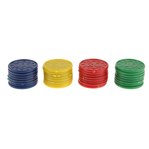 Tenlacum Pokerchips-Zähler aus Kunststoff mit Zahlen, grün/10, rot/20, gelb/50, blau/100 (32 Stück) von Tenlacum