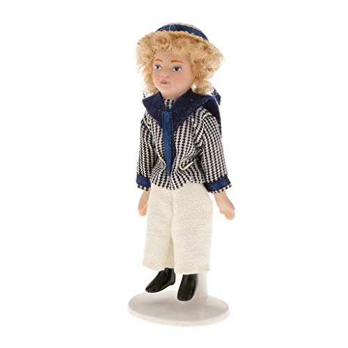 Tenlacum Puppenhaus Miniatur Little Boy in marineblauem Hemd, bewegliche Puppe im Maßstab 1:12, mit Ständer von Tenlacum