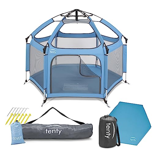 tenty Baby Pop-Up Laufgitter Set für drinnen und draußen - 150 x 100 cm - mobiler Laufstall mit Tragetasche, UV-Dach und Bodenmatte - für zuhause, Reisen, Camping - Blau (Blau) von Tenty