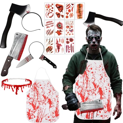 15 Stück halloween Metzger Kostüm, Halloween Schlächter Horror Kostüm für Herren und Damen, Gruselige Metzger Kostüme Set mit Blutige Schürze, Blut Messer, Haarreif, Halloween Zombie Scars Tattoo 15 Stück halloween Metzger Kostüm, Halloween Schlächter Horror Kostüm für Herren und Damen, Gruselige Metzger Kostüme Set mit Blutige Schürze, Blut Messer, Haarreif, Halloween Zombie Scars Tattoo von Teomevie