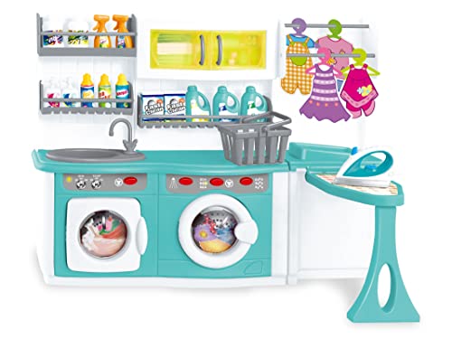 Teorema Giocattoli 67061 - Waschküche Spielzeug für Kinder mit echten Soundeffekten und Lichteffekten, Türen zum Öffnen, mit Waschmaschine, Bügeleisen, Waschmittelbehältern und Kleidung aus Karton von Teorema Giocattoli