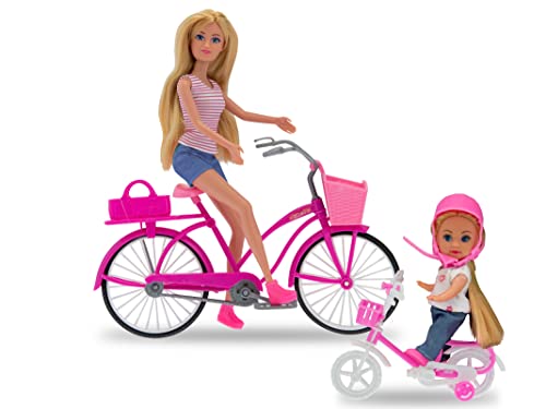 teorema 67264 - Kinderpuppe Göttin mit Tochter auf dem Fahrrad mit 2 Helmen, Zubehör, Fahrradkorb, Höhe 29cm, Vinyl, mit faltbaren Knien, buschiges Haar von Teorema Giocattoli