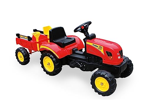 Teorema 67983 - Pedaltraktor rot und gelb mit abnehmbarem Anhänger, Hupe und Kupplungsbremse, max. 35 kg von Teorema Giocattoli