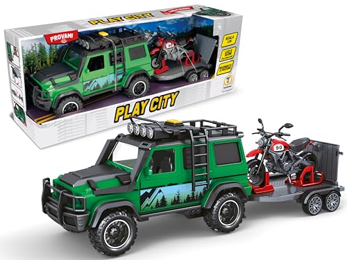 Teorema Giocattoli Play City Geländewagen mit Anhänger und Motorrad inklusive, Lichter und Geräusche, Kupplungsbewegung, Abenteuer-Set für Kinder von Teorema Giocattoli