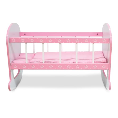 Teorema Gioctoli, Wiege für rosa Puppen, Schaukel, Spielzeugbett aus Holz mit Matratze und Kissen, Kinderbett mit Sternen, Spielzeug von Teorema Giocattoli