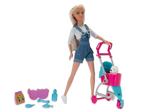 Teorema – Puppe Göttin mit Welpen und Kinderwagen, Höhe 30 cm, mit klappbaren Knien, viel Zubehör von Teorema Giocattoli