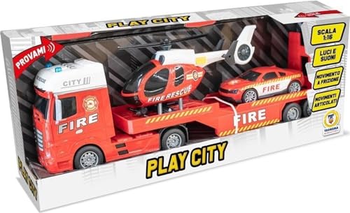 Teorema Tir, Spielzeug-LKW für Kinder, Hubschrauber und Auto, Fahrzeug-Set mit Licht und Geräuschen, Kupplungsbewegung, Maßstab 1:16, Feuerwehrmotiv von Teorema Giocattoli