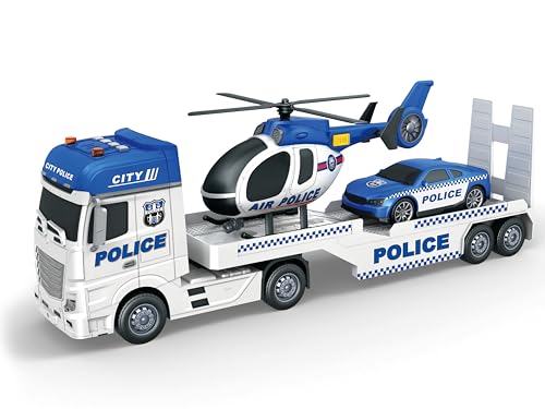 Teorema Tire Spielzeug-LKW für Kinder mit Hubschrauber und Auto, Fahrzeug-Set mit Licht und Geräuschen, Kupplungsbewegung, Maßstab 1:16, Polizei von Teorema Giocattoli