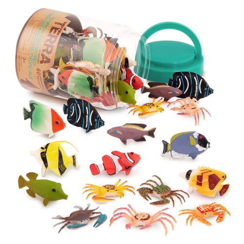Terra 60-teilig Tierfiguren Sammlung Fische und Meerestiere Spielzeug Set – Clownfisch, Blauer Doktorfisch, Krabben und mehr – Spielzeug ab 3 Jahren von Terra by Battat