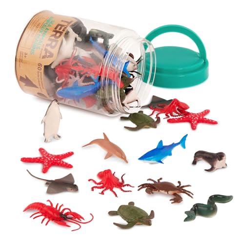 Terra 60-teilig Tierfiguren Sammlung Meerestiere Spielzeug Set – Hai, Schildkröte, Tintenfisch, Krabbe, Pinguin, Delphin und mehr – Spielzeug ab 3 Jahren von Terra by Battat