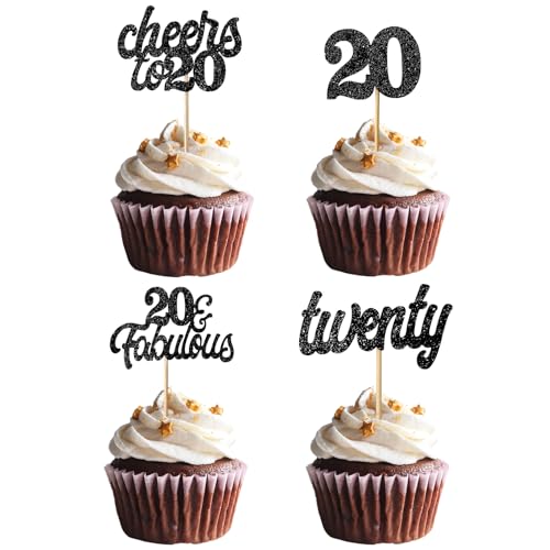 Teselife Tortendeko 20. Geburtstag: 24 Stück Glitzernde Cupcake Topper Schwarz für 20er Geburtstag Party Torten Kuchen Deko von Teselife