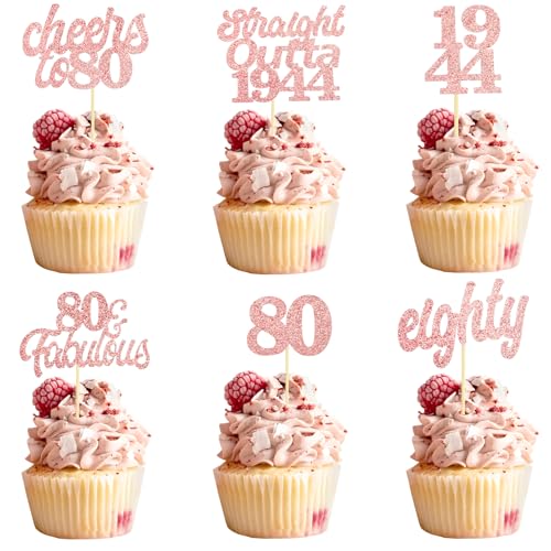 Teselife Tortendeko 80 Geburtstag Frau Mann, 24 Stück Glitzer Rose Gold 80. Geburtstag Cupcake Topper Geburtstagsdeko von 1944 für 80er Geburtstag Party Torten Kuchen Deko von Teselife