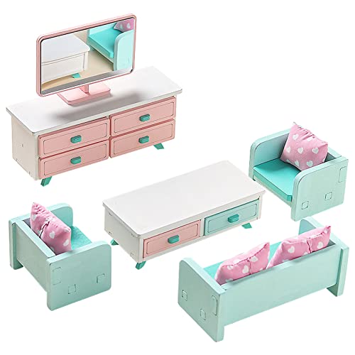 10 Stück Mini Möbe und Zubehör Wohnzimmer Mit Sofa,Minimöbel Komplett-Set aus Holz,Mini für das Wohnzimmer,Tischchen Fernsehgerät und 3 Sesseln,Passend für alle Mini-Haus,Rosa von Tesyeux