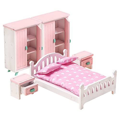 7 Stück Schlafzimmer Puppenhaus Puppenhausmöbel,Möbelset Puppenhauszubehör,Schrank Möbel,Schlafzimmerset,Doppelbett,Bett,Bettwäsche,Zubehör Spielzeug- Minipuppen-Puppenmöbel aus Vollholz von Tesyeux