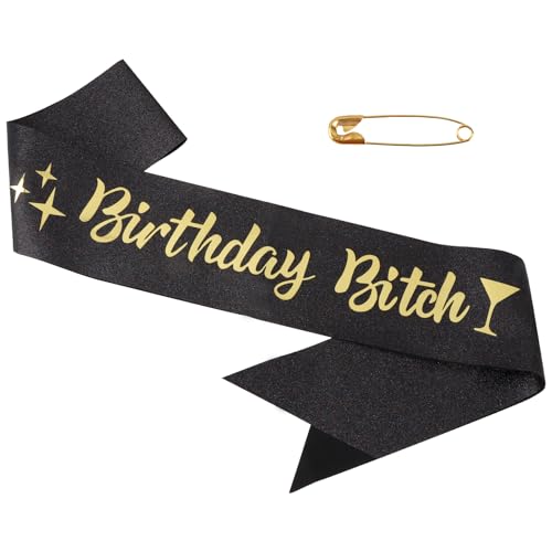 Black Birthday Bitch Satin Sash, Black and Glod Sash Birthday Bitch Glitter Sash for Wome and Men, Reusable Happy Birthday Etiquette Ribbon for Women Celebrate Party Decoration von Teuena