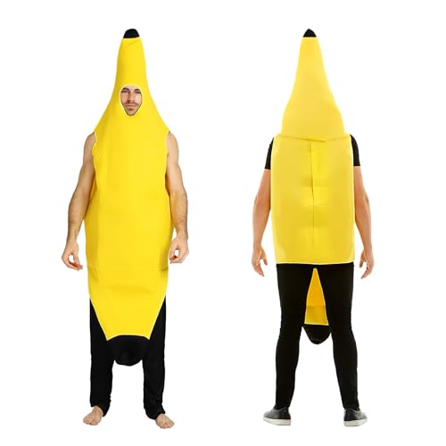 Lustiges Bananen-Kostüm für Erwachsene, Bananenanzug, Uni-Verkleidung für Erwachsene, lustiger gelber Bananen-Overall für Halloween, Partys, Karneval, Weihnachten, Cosplay-Events, Einheitsgröße von Teuena