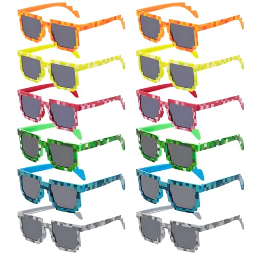 Texvora 12-teiliges Pixel-Brille, Minecraft-inspiriertes 8-Bit-Sonnenbrillen-Set in 6 Farben, Vollrahmen-Stil, ideal für Outdoor-Spaß und Freizeitkleidung von Texvora