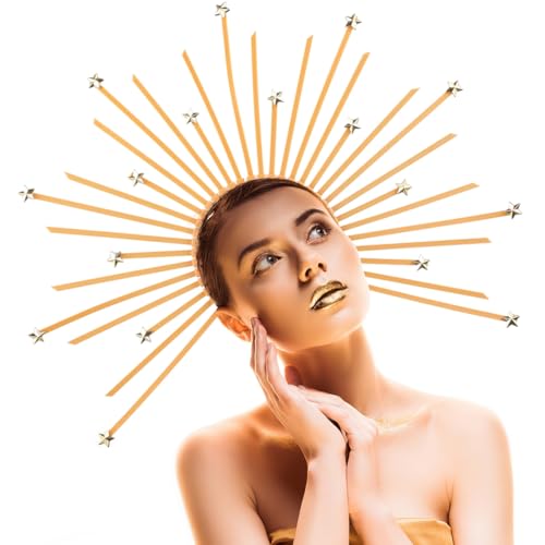Texvora Golden Star Halo Stirnband für Frauen, Jungfrau Maria Kopfbedeckung, Reißverschluss Krawatte Spiked Halo Krone, Met Gala Stirnband für Kostüme von Texvora