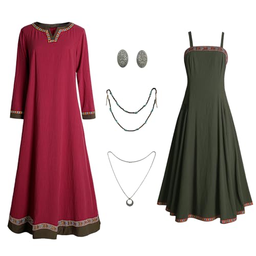 Teyujosem Damen Wikinger Kostüm Mittelalter Schürze Unterkleid Halskette Broschen Bauernkostüm, Z3790, XXL von Teyujosem