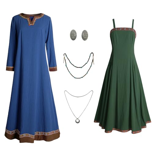 Teyujosem Damen Wikinger Kostüm Mittelalter Schürze Unterkleid Halskette Broschen Bauernkostüm, Z3790bu, L Teyujosem Damen Wikinger Kostüm Mittelalter Schürze Unterkleid Halskette Broschen Bauernkostüm, Z3790bu, L von Teyujosem