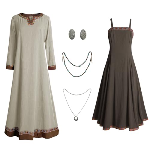 Teyujosem Damen Wikinger Kostüm Mittelalter Schürze Unterkleid Halskette Broschen Bauernkostüm, Z3790gy, 3XL Teyujosem Damen Wikinger Kostüm Mittelalter Schürze Unterkleid Halskette Broschen Bauernkostüm, Z3790gy, 3XL von Teyujosem