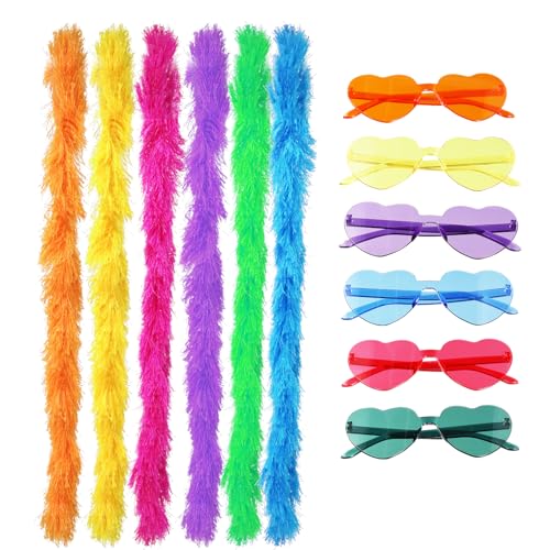 Federboas mit 6 rahmenlosen Sonnenbrillen, 2 m, Kostüm-Federboa für Mädchen und Frauen, künstliche flauschige Boas, Party-Zubehör für Party, Tanzen, Hochzeit, Karneval, Halloween, Dekoration, 6 Stück Federboas mit 6 rahmenlosen Sonnenbrillen, 2 m, Kostüm-Federboa für Mädchen und Frauen, künstliche flauschige Boas, Party-Zubehör für Party, Tanzen, Hochzeit, Karneval, Halloween, Dekoration, 6 Stück von Tgsedr