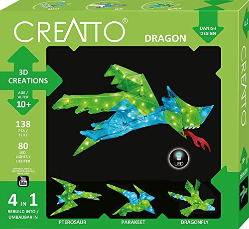 KOSMOS 3584 CREATTO Drache 3D-Leuchtfiguren entwerfen, 3D-Puzzle-Set für Drache, Flugsaurier, Sittich, Libelle, 138 Steckteile, 80-tlg LED-Lichterkette, Sky/Pale Blue von Kosmos
