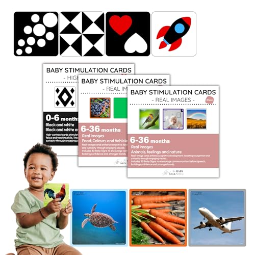 Flashcards Baby-Karten zur frühen Stimulation, Lernspielzeug für Babys, 6 Monate, 1, 2, 3 Jahre, 90 schwarze und weiße Karten und echte Bilder. 120 Babyschilder zur Stimulierung der Kommunikation von The Baby Sign Academy