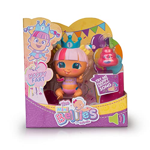 Die Bellies von Bellieville - Mini Bellie Happy Fart, Baby Geburtstagspuppe, Kleine Größe, Furzend, mit einem Kuchen Zubehör, für Jungen und Mädchen ab 3 Jahren, Famosa (BEE04000) von The Bellies From Bellyville
