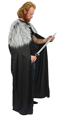 Vikinger-Umhang, nordischer Mittelalter, keltischer Stil, 152,4 cm, schwarz, langer Umhang mit grauem Wolfsfellkragen, handgefertigt in Großbritannien von The Dragons Den