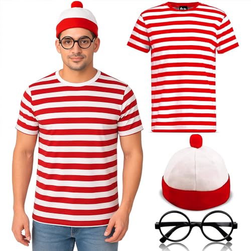 The Fancy Dress® Herren Damen rot und weiß gestreiftes T-Shirt Hut Brille Set – Erwachsene 3-teiliges Buchwochenkostüm Outfit (rot/weiß, klein) von The Fancy Dress