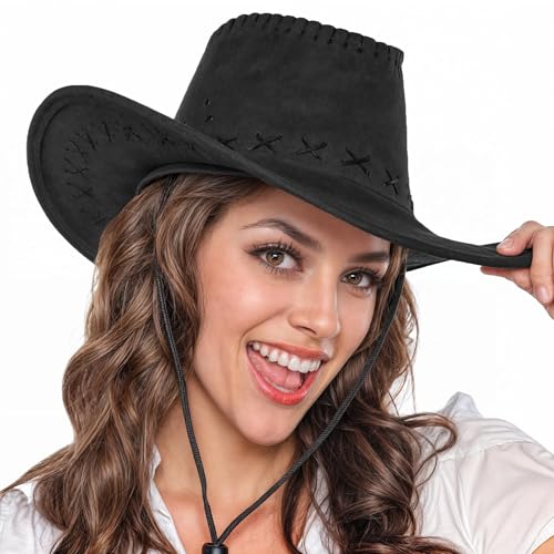 WickedFun Cowboyhut für Damen und Herren - Unisex Erwachsene Texanischer Cowgirl Hut Fasching Party Zubehör, Schwarze Lederoptik, Einheitsgröße WickedFun Cowboyhut für Damen und Herren - Unisex Erwachsene Texanischer Cowgirl Hut Fasching Party Zubehör, Schwarze Lederoptik, Einheitsgröße von The Fancy Dress