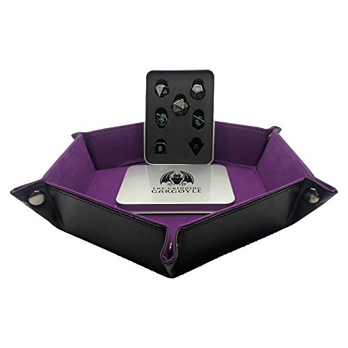 Hexagon Purple D & D Rolling Tray für RPG-Tischspiele mit einem vollständigen Satz von 7 polyedrischen Metallwürfeln - Dungeons and Dragons, die dickes PU-Leder und hochwertigen Samt falten - WCN-6002 von The Grinning Gargoyle