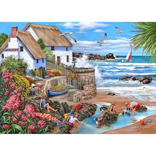The House of Puzzles - Seaspray Cottages Puzzle – 1000 Teile Puzzle für Erwachsene, Künstler illustriert, malerische Landschaft, Deluxe-Puzzle-Geschenke von The House of Puzzles