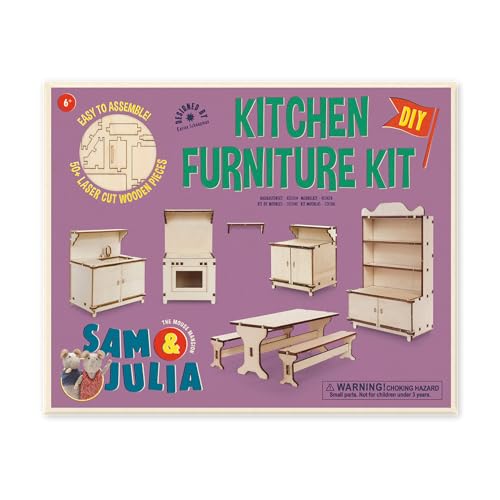 Sam & Julia - Bausatz Küchenmöbel – Puppen-Möbel 1/12 für Puppenhaus oder Puppenstube zum selber basteln – Bastel-Set mit: Mini-Herd, Küchenschrank, Esstisch und 2 Bänke, Buffet, Spüle von The Mouse Mansion
