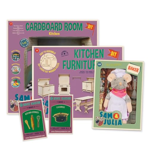 Sam & Julia - Paket: Das Mäusehaus Bäckerei - enthält: 1 Bastelset, 1 Miniatur Raum aus Karton und 1 Kuscheltier 12cm – für Kinder jeden Alters von The Mouse Mansion