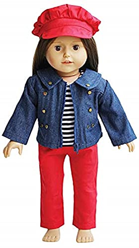 THE NEW YORK DOLL COLLECTION 18 Zoll/46 cm Puppen Outfit - Denim Jacke mit gestreiftem T-Shirt Rote Hose, inklusive Hut - Passend für 18 Zoll/46 cm Puppen von THE NEW YORK DOLL COLLECTION