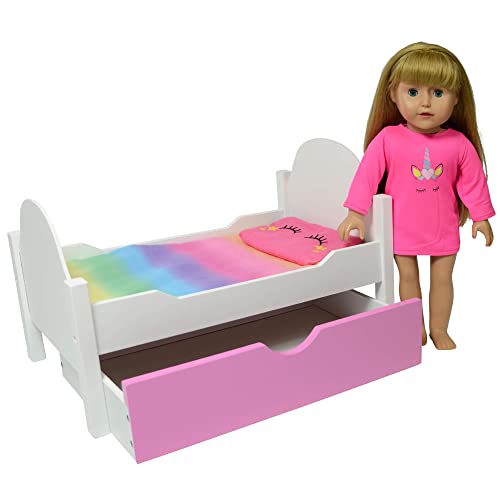 The New York Doll Collection Einhorn Holzpuppenbett passend für 18 Zoll /46 cm Puppen (Rollbett) Puppenmöbel Passend für Dolls, Puppenbett Holz, Puppenwiege von The New York Doll Collection
