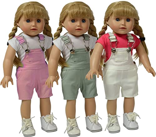 The New York Doll Collection Set mit 3 mehrfarbigen Puppen Köper Overalls - Rosa, Grau und Weiß Overalls - Für Mode Mädchen Puppen - Passt 18 Zoll/46 cm Puppen - Puppenkleidung - Puppenzubehör von The New York Doll Collection