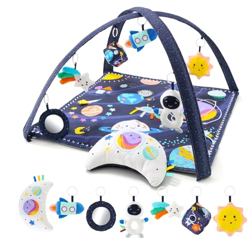 The Peanutshell Unisex Baby Play Gym & 7 in 1 Spielmatte - Playmat Babyspielzeug 0-6, 6-12 Monate Bauchzeitmatte mit Hängespielzeug, Weich Gepolsterte Matte für Neugeborene, Säuglinge - Weltraum von The Peanutshell
