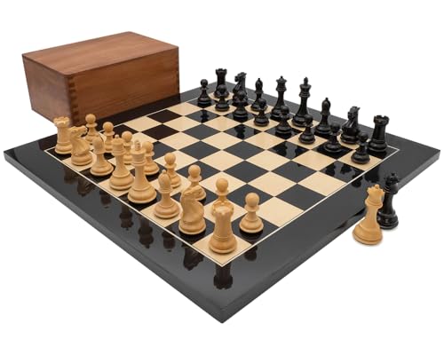 Luxuriöses Wettkampf-Schach-Set mit 45,1 cm schwarzem Anegre und Ahornbrett und Palisander-Koffer von The Regency Chess Company