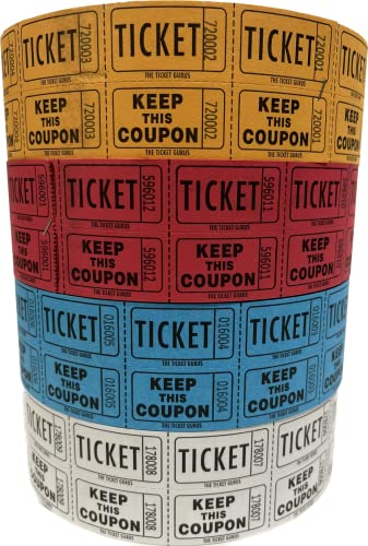 The Ticket Gurus - Raffle Tickets – 4 Rollen à 2000 Doppeltickets (50/50 Tombola-Tickets) – Rot/Blau/Weiß/Orange von The Ticket Gurus