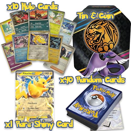 Ultimatives glänzendes Blech-Bundle – 50 zufällige Karten, garantiert, 10 Holos + 1 seltene glänzende Karte + 1 Münze plus Pokemon-Karte, kompatibel mit Pokemon-Sammelkartenspiel von The Toy Box